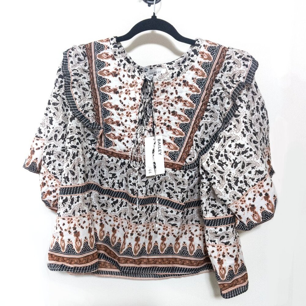Bailey 44 100% Cotton Printed Boho Blouse Size XL Ruffled Puff Sleeve Retro NWT